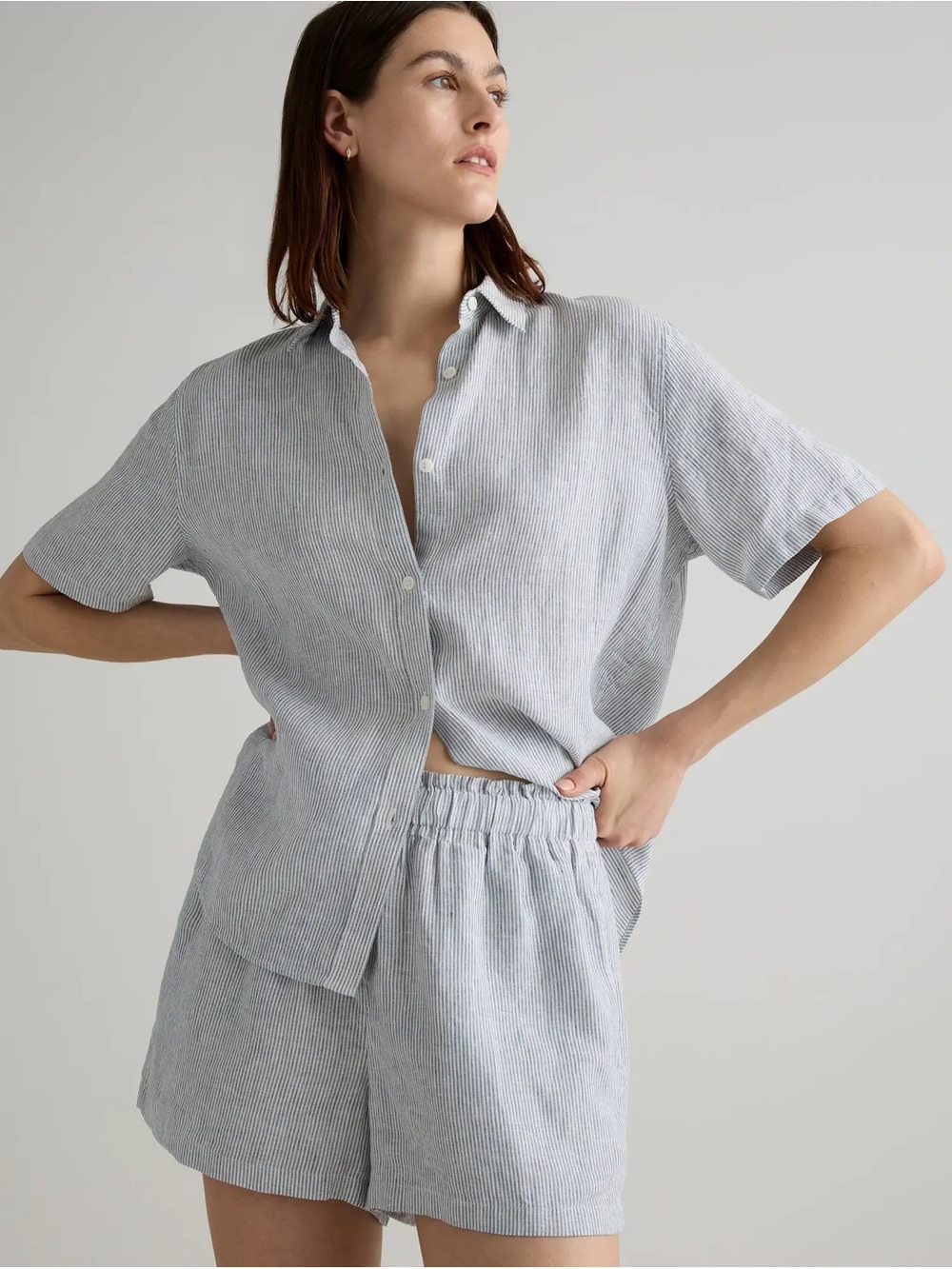 Quince Light Blue Striped Linen Pajama Short Set